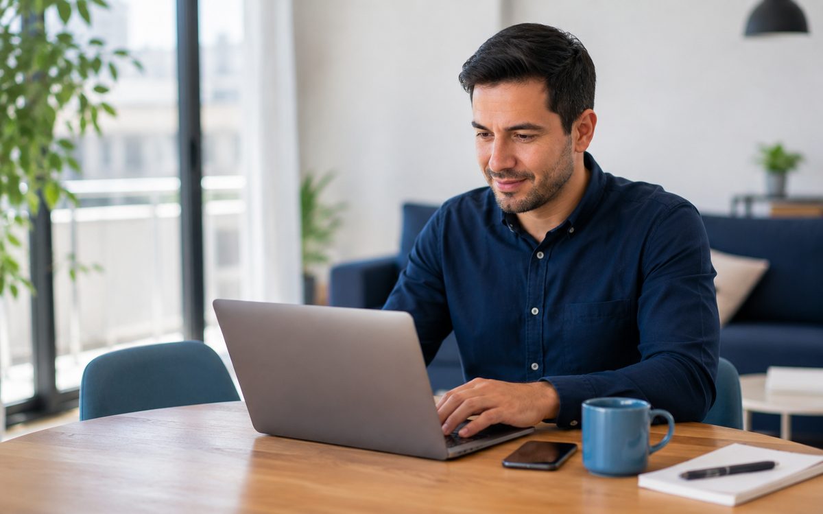 Persona buscando trabajo desde su casa con un notebook
