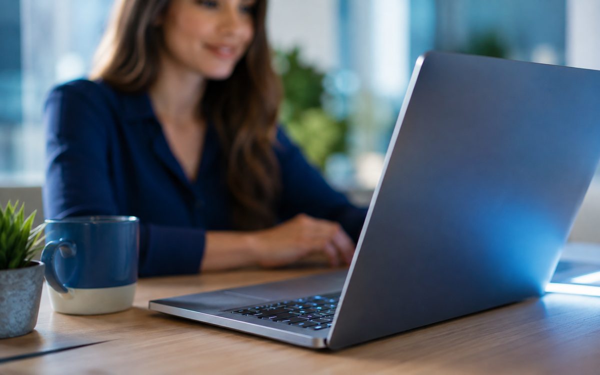 Notebook abierto sobre un escritorio en una oficina luminosa