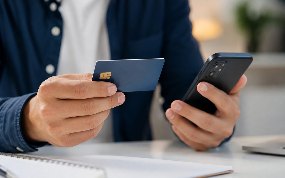 Manos revisando una tarjeta bancaria junto a un teléfono móvil