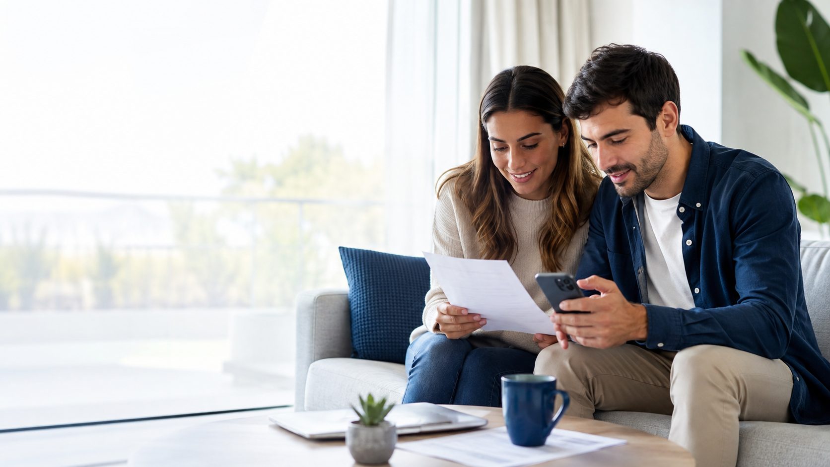 Pareja revisando sus finanzas en el living de su casa